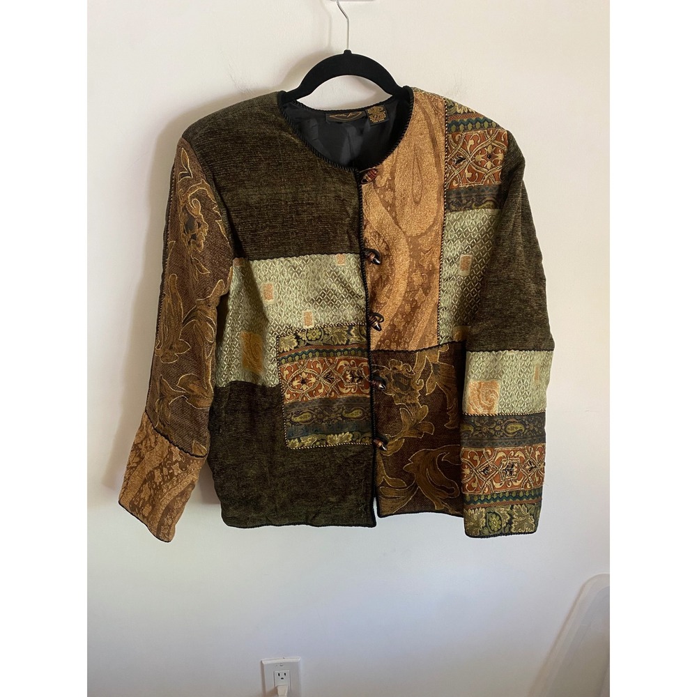Julia Kim Womens S Patchwork Tapestry Jacket Chenille‎ Beaded Toggle Boho Olive